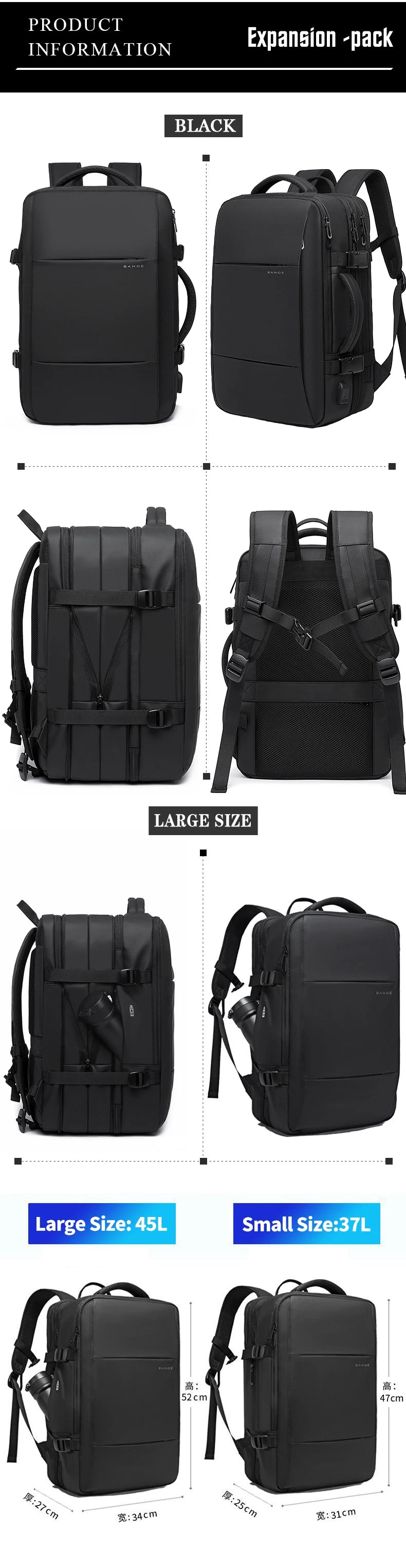 Mochila expandible para hombre, resistente al agua, para portátil de 17,3 pulgadas