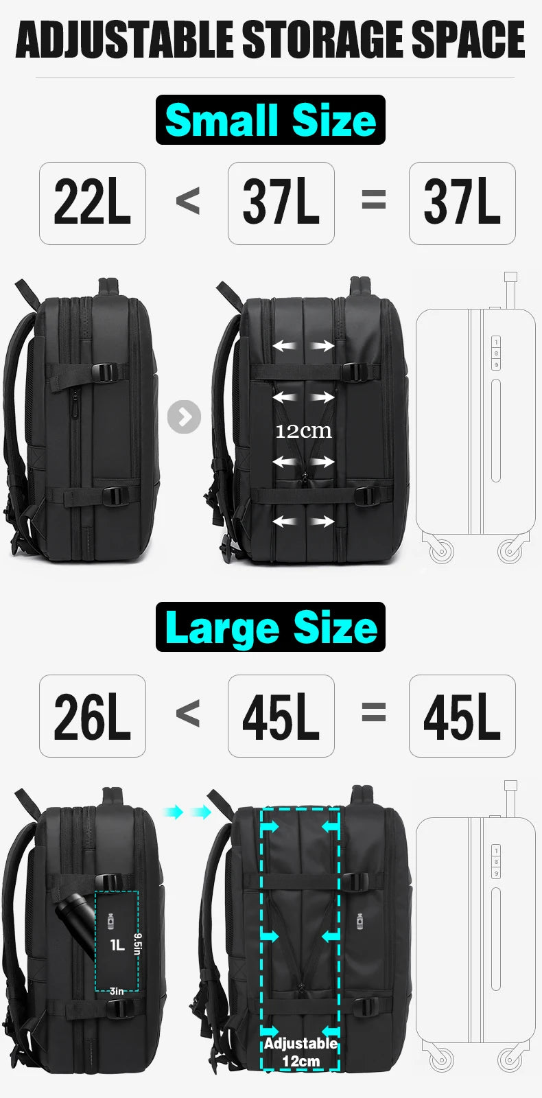 Mochila expandible para hombre, resistente al agua, para portátil de 17,3 pulgadas
