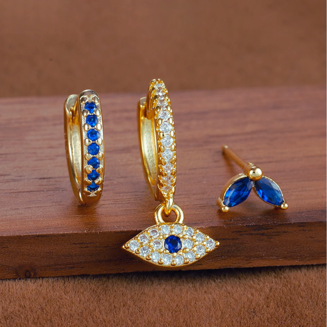 Juego de pendientes con circonitas azules, 3 piezas