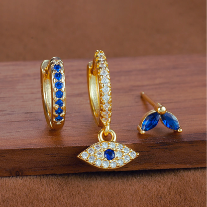 Juego de pendientes con circonitas azules, 3 piezas