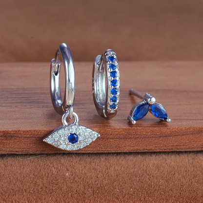 Juego de pendientes con circonitas azules, 3 piezas