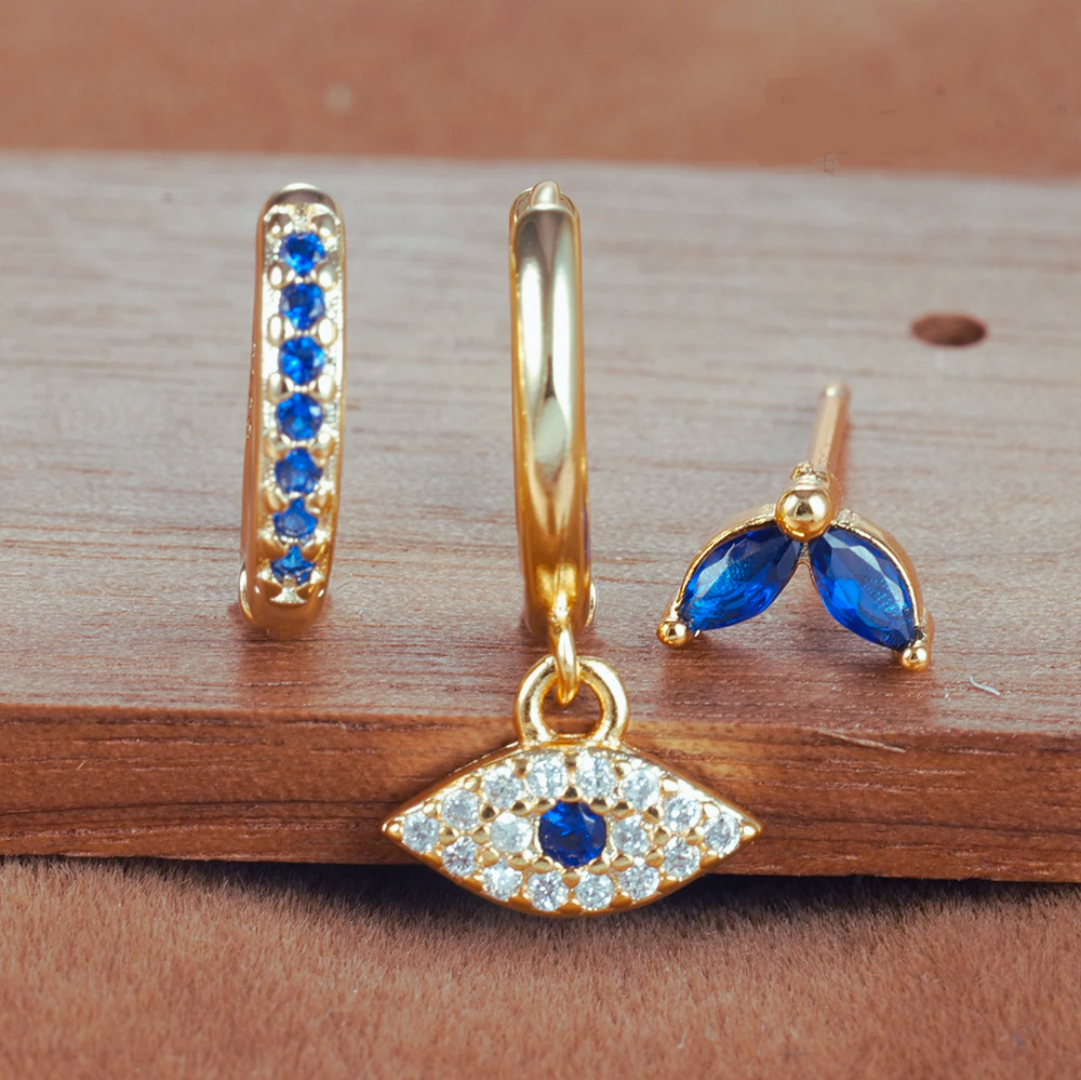 Juego de pendientes con circonitas azules, 3 piezas