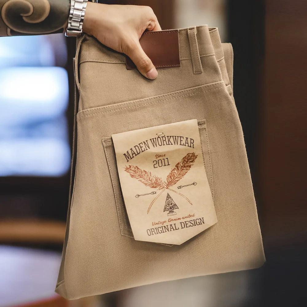 Khakifarbene Raw Jeans für Herren Amekaji
