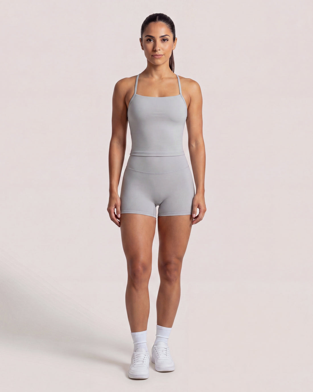 VARCEA Light Grey cross-back seamless tank – front view, full body