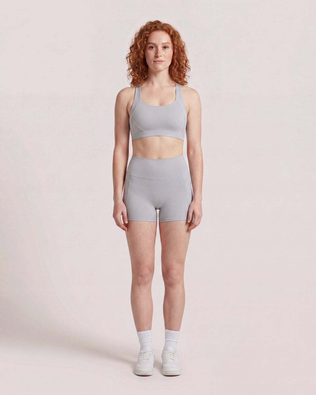VARCEA Light Grey cross-back sports bra – front view, full body